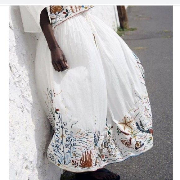 Zara Sea-Life Embroidered Long Cotton Skirt  Ecru XL - Picture 16 of 16